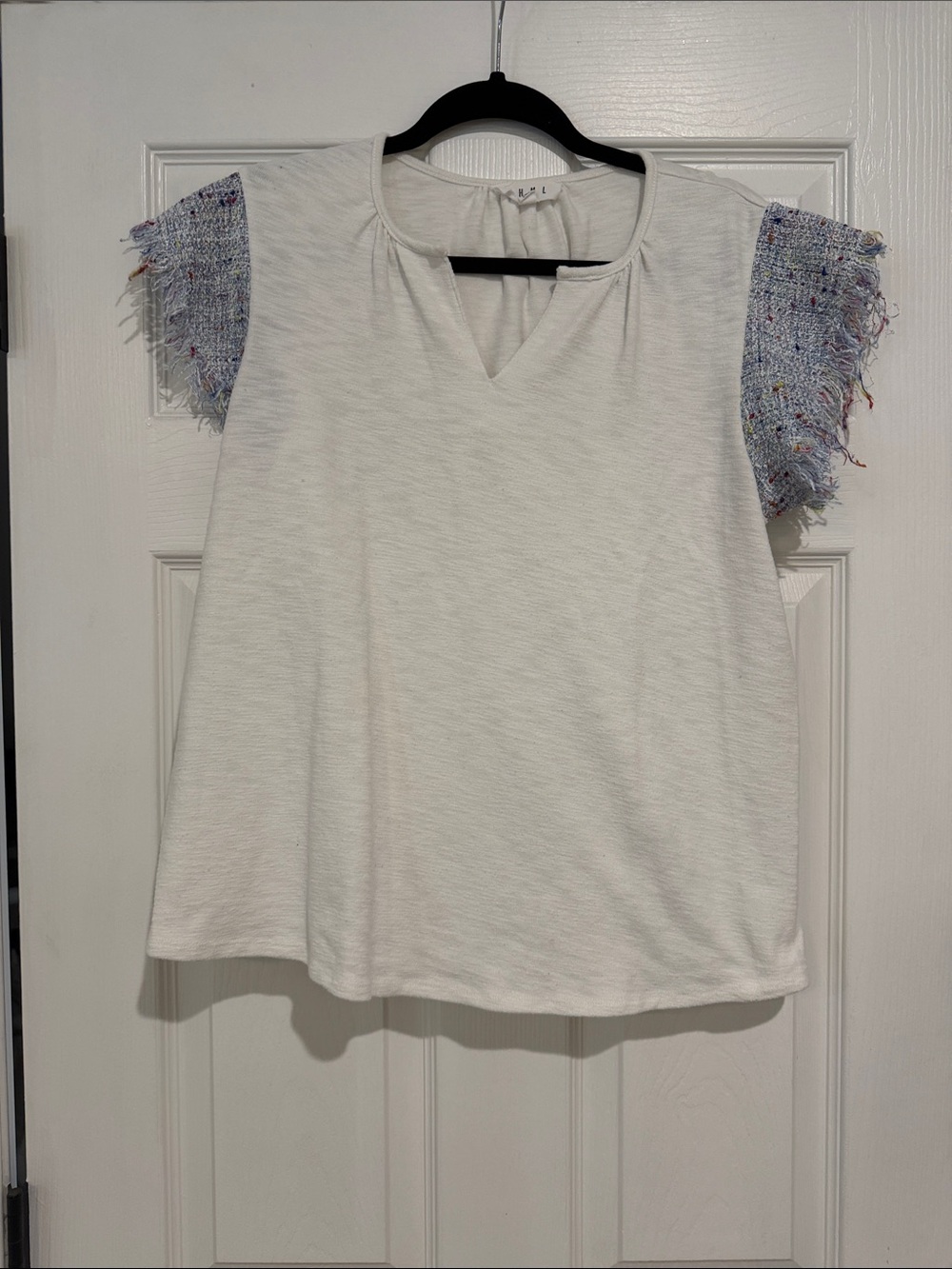 THML Cream Short Sleeve Top with Tweed Fringe Sleeves